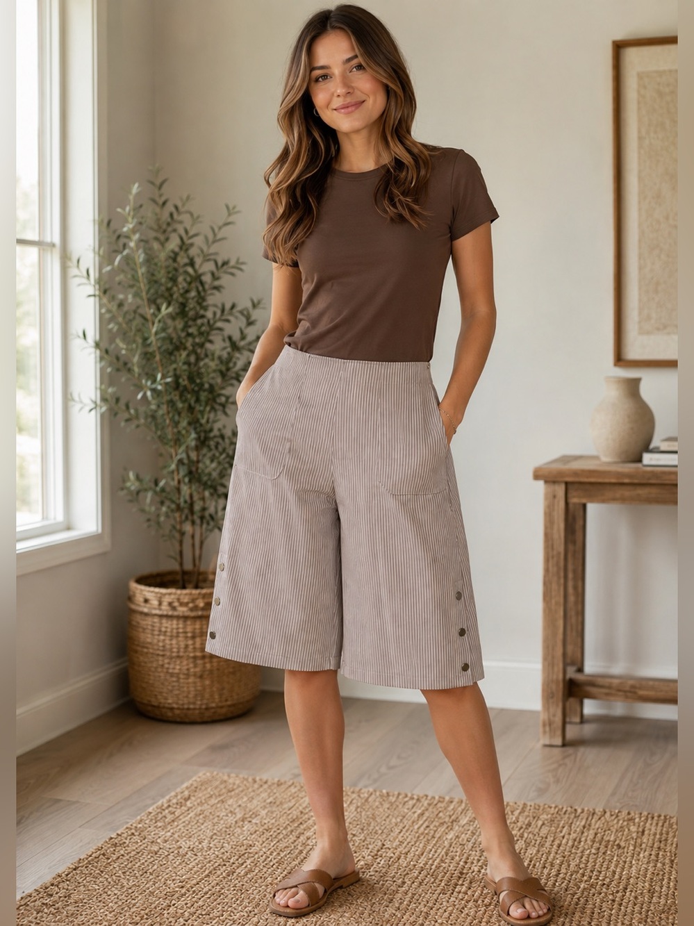 Women's Beige Stripe Button-Side Wide-Leg Cropped Pants